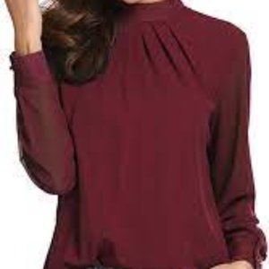 Burgundy sheer long sleeve high neck blouse - Large